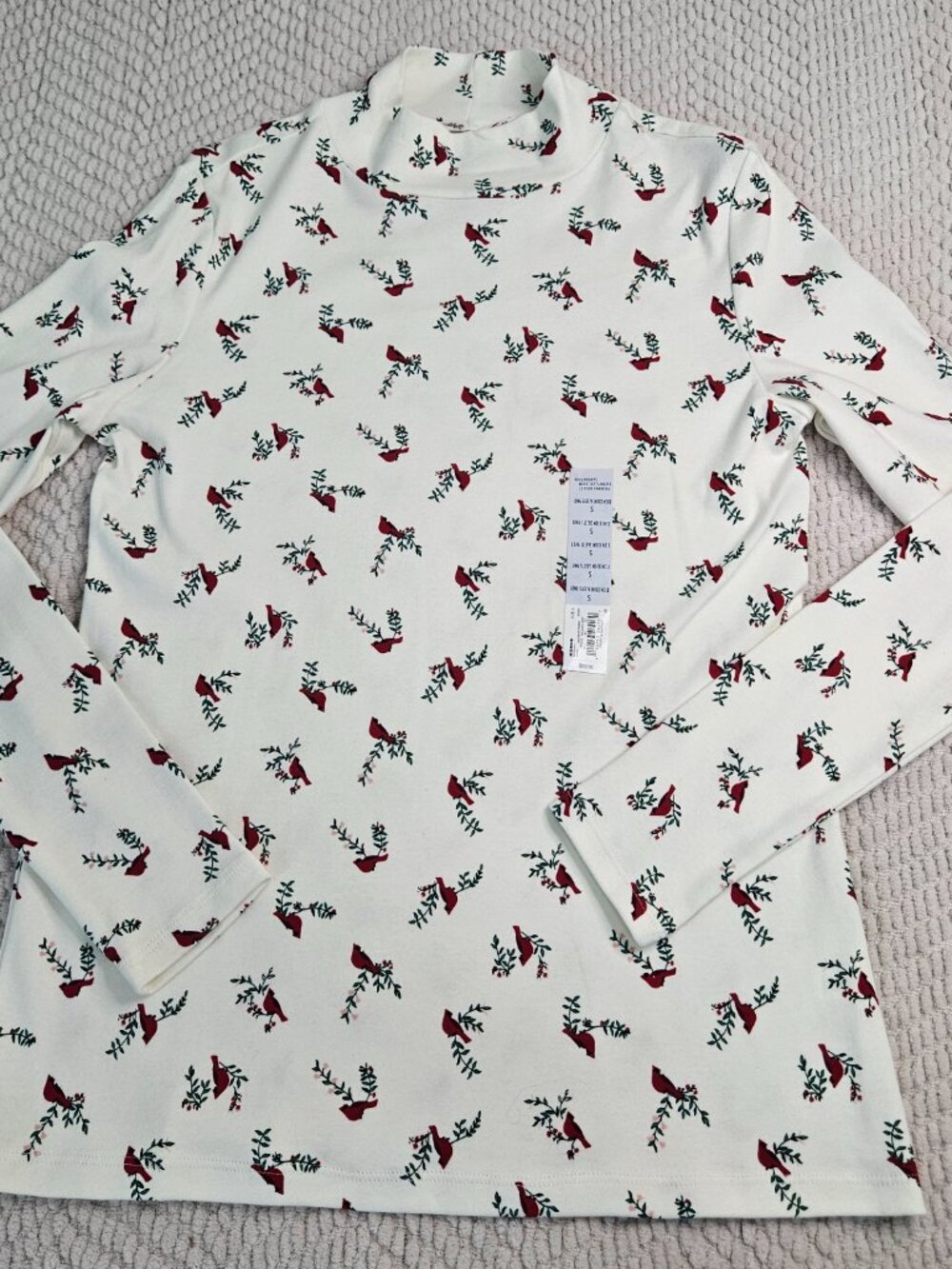 Croft & Barrow Women's Cream Cardinal Print Mock Neck Top 100% Cotton Size S